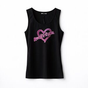 ROCK βN KARMA Beaded Heart Logo Stretch Tank Top Lycra Fitted Y2K Graphic XL